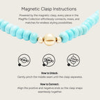JUNE ELLE MagMix Collection magnetic clasp instructional diagram , pinch-to-unlock and align-to-connect steps.