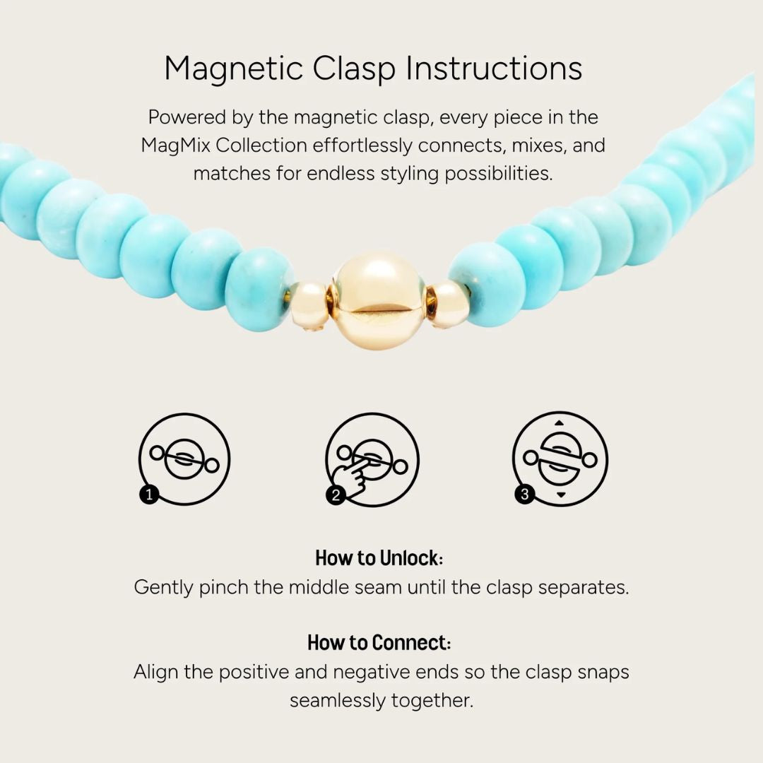 JUNE ELLE MagMix Collection magnetic clasp instructional diagram , pinch-to-unlock and align-to-connect steps.