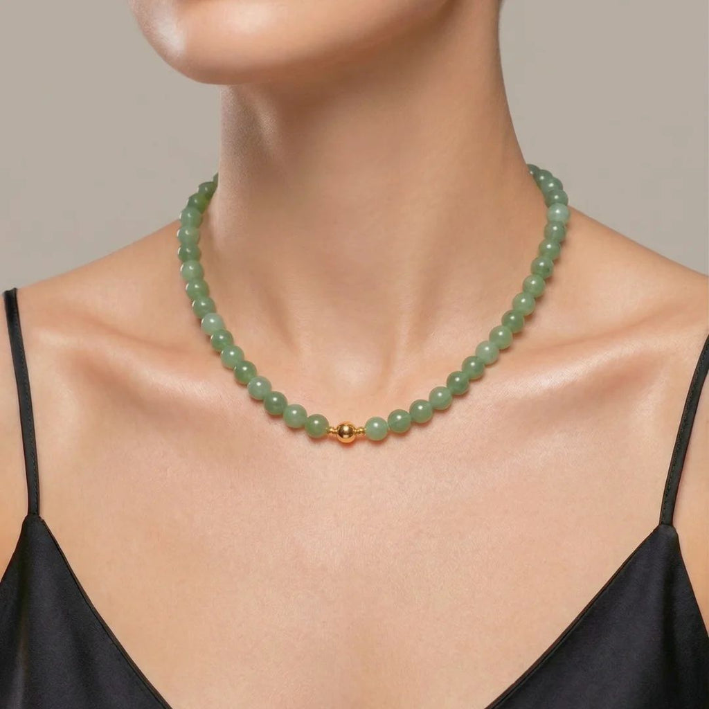 Model wearing the JUNE ELLE MagMix Green Aventurine Bead Chain Necklace with a front-facing gold magnetic clasp.