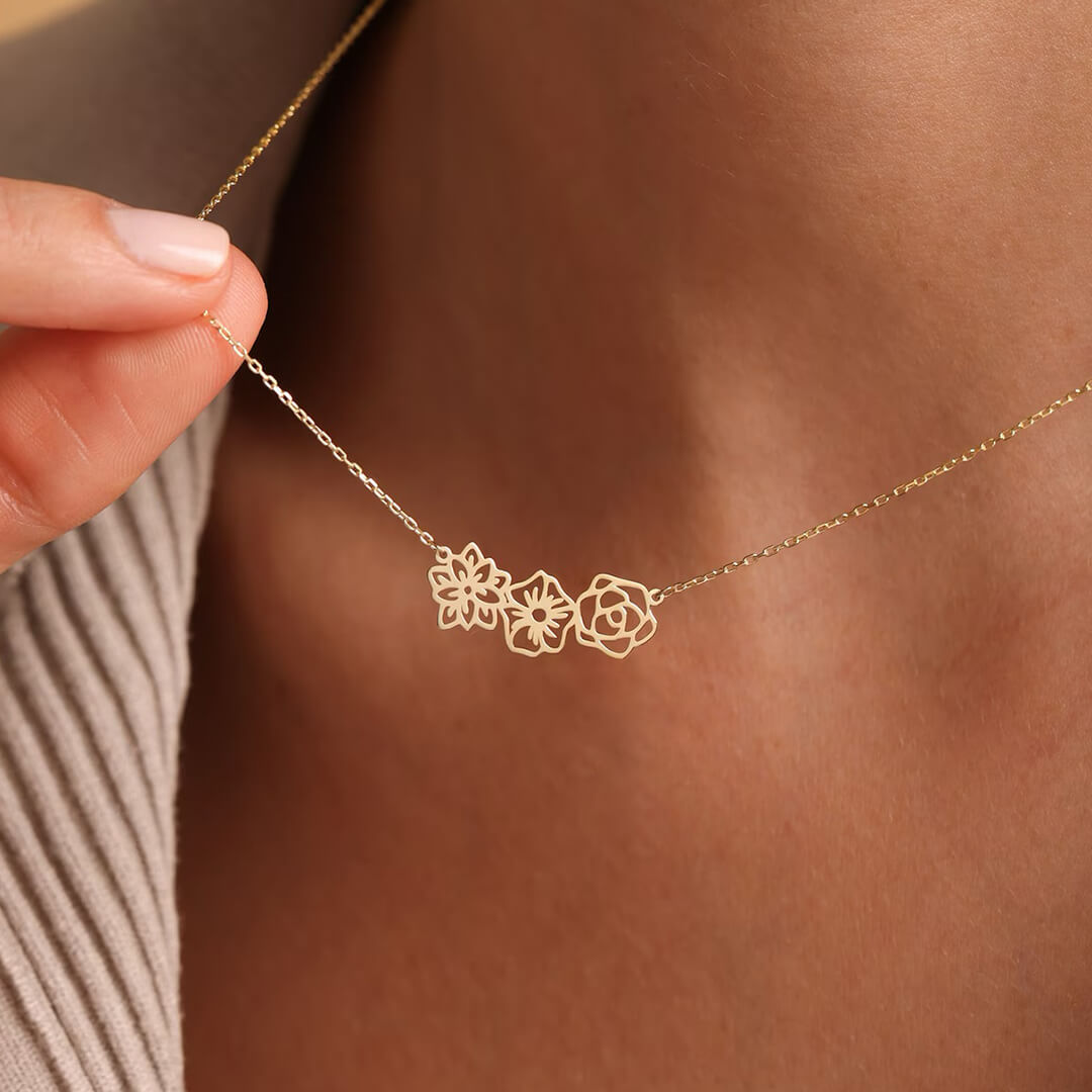 Gold Multiple Birth Flowers Necklace