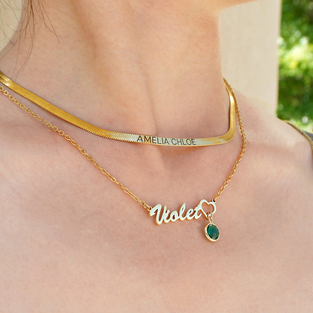 Gold Birthstone Name Necklace