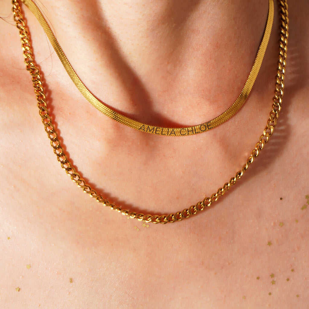 Gold Herringbone Engraved Name Necklace